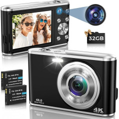 Digitālā kamera, 4K kamera ar automātisko fokusu, digitālā kamera ar dubulto kameru un 32 GB atmiņas karti, HD, 48 MP, 16X digitālā tālummaiņa, 2,8 collu liels ekrāns, kompaktā kamera, fotokamera iesācējiem (balta)