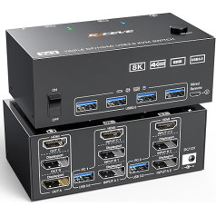 KVM slēdzis 2 PC 3 monitoriem 8K @ 60Hz 4K @ 144Hz, trīs monitoru KVM slēdzis HDMI + 2 Display Port 2 datoru daļām 3 monitoriem un 4 USB 3.0 iekārtām, ar kabeļa tālvadības pulti un 12 V līdzstrāvas padevi