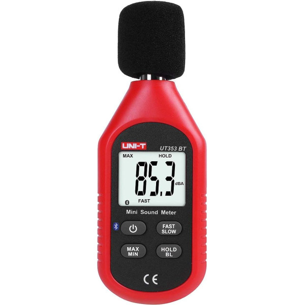 UNI-T decibelu mērītājs UT353BT Bluetooth mini digitālais skaņas līmeņa mērītājs trokšņa mērīšanas instruments Decibelu monitoringa testeris ar trokšņa nolasīšanas diapazonu 30-130dBA, Max/Min/Hold dati, LCD displejs ar fona apgaismojum