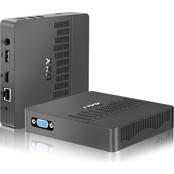 UXX Mini PC atbalsta 512GB M.2 SSD paplašināšanu, N3350 Micro Desktop Computer 64GB eMMC, spēļu PC 4K UHD Dual Display, BT, 2.4/5G WiFi, USB 3.0, HDMI birojam/mājām (pelēks)