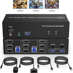 Trīs monitoru KVM slēdzis Displayport + 2 HDMI, 4K @ 60Hz KVM slēdzis HDMI 2.0+DP 1.2 2 2 PC 3 monitoriem, KVM slēdzis ar 3 USB 3.0 pieslēgvietām un audio mikrofonu 2 PC, koplietošanas pele, tastatūra