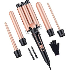 Bestope Pro Set Wave Iron - ruļļu gludeklis, 3 mucas lielām cirtām, keramikas ruļļi, dažādi pielikumi, temperatūras iestatīšana, ātra sildīšana, cimds, 2 klipsas, rozā zelts, 5 in 1