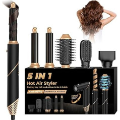 UKLISS 5 in 1 Airstyler ar gaisa matu cirtas gludekli Jon matu žāvētājs Karstā gaisa birste Multistyler 5 in 1 Airbrush komplekts Matu stilists ar veidošanas otām Aksesuāri Matu stilists Stila dāvanas sievietēm Melns