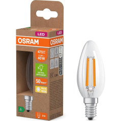 Osram LED Superstar Classic LED spuldze B 40 Classic Mini sveces formas caurspīdīga stikla korpuss 2,2 W 470lm E14 2700K silti balta gaisma energoefektivitāte A 35 mm diametrs 6 gab. iepakojumā