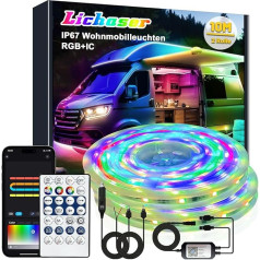 Lichaser 10 m LED lentes autofurgoniem, ūdensizturīgas 12 V LED spuldzes autofurgoniem, IP67 RGB+IC ar lietotni un tālvadības pulti, RV apgaismojums iekštelpām un ārpus telpām, izmantošanai nojumēs un treileros