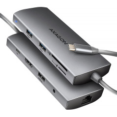 Axagon Hmc-8hlsa multiport usb hub 9in1, 5gbps, 3x usb-a + hdmi 4k/30hz, sd/microsd, glan, audio, pd 100w, 20cm usb-c kabelis