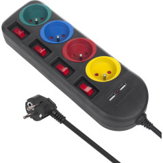 Strāvas pagarinātājs , 4 ligzdu pagarinātājs + 2xUSB, ar slēdžiem, 250VAC/10A, 2.1A 5V, 1.5m, melns, MCE229 B