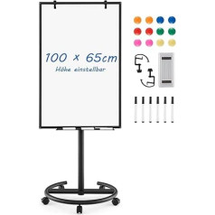 COSTWAY Flipchart statīvs, 100 x 65 cm, mobilā tāfele uz riteņiem, regulējams augstums līdz 192 cm, sausa izdzēšamā, magnētiska, flipchart ar apaļu statīvu, magnētiem, marķieriem un dzēšgumijām