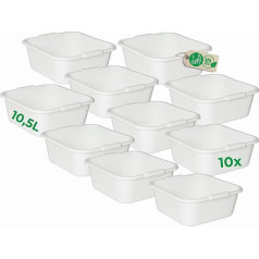 Novaliv 10 x kvadrātveida mazgāšanas trauki, 10,5 L, 34 x 34 cm, balti, BPA-Free, piemēroti mazgāšanai trauku mazgājamā mašīnā, ideāli piemēroti virtuvei un kempingiem, vannai, lielam plastmasas traukam, kvadrātveida mazgāšanas traukam, ve