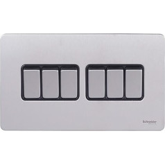 Schneider Electric Ultimate Screwless Flat Plate 6 Gang Rocker divvirzienu gaismas slēdžiem, vienpolu, 16AX, GU1462BSS, nerūsējošais tērauds ar melnu ielaidumu