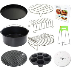 23 cm karstā gaisa fritēšanas piederumu XL komplekts ar 10 gabaliem, kurā ietilpst kūkas panna, picas panna, silikona cepamais kauss, 100 gabali pergamenta papīra 5,3 Qt - 6,8 Qt tūlītējam katlam