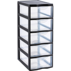 SUNDIS Orgamix plastmasas atvilktņu kaste, 5 caurspīdīgas A4 papīra izmēra atvilktnes, augstums 61 cm, ideāli piemērota grāmatu, kursu, dokumentu, piederumu, aksesuāru glabāšanai, piederumi