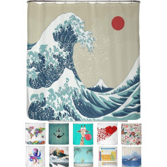 arteneur® Japan Wave dušas aizkars pret pelējumu, 180 x 200 cm, ar Oeko-Tex Standard 100, ar svērto apmali, necaurspīdīgs, ūdensnecaurlaidīgs, mazgājams, ar 12 gredzeniem un e-grāmatu (angļu valoda nav garantēta)