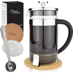 Milu franču preses kafijas automāts, 350 ml, 600 ml, 1 L, stikla kafijas preses automāts, kafijas automāts mājām, ceļojumiem, kempingiem, iekļauts paliktnis, karotīte, rezerves filtrs (nerūsējošais tērauds, 1000 ml (5 tasītes))