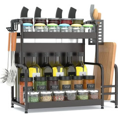 FEXPLENDID Spice Rack statīvs virtuves darba virsmai, 49 x 43,5 x 22,5 cm, tērauds, virtuves plauktu statīvs, garšvielu turētājs, garšvielu turētājs, galda plaukts virtuvei, birojam, tualetei (2 līmeņu melns)