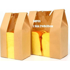 ZAMISS Pack of 50 Kraft Paper Bread Bags for Homemade Bakery Packaging Bags for Cookies, Bread, Snacks, Sourdough with Clear Front Window for Food Packaging and Storage (21 x 9 x 35 cm)