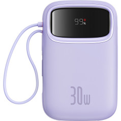 Power banka 10000mAh QPow 2 30W ar integrētiem USB-C kabeļiem - violeta