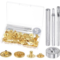 12 komplekti Druckknöpfe Schnappverschluss Kit 3/5 Zoll 15 mm Metall Druckknöpfe Werkzeug mit 4 Setter Werkzeuge & Aufbewahrungsbox für Kleidung Leder Nähen, Golden