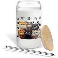 BEHIFL Crazy Cat Lady Dāvanas Stikla tumbleris ar vāku un salmiņiem, 400 ml kaķu dāvanas kaķu mīļotājiem Sievietes kaķu mamma Cute Cats Stikla kafijas krūze Dzeramie glāzes ar kaķiem