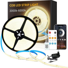 Yeewhale Cob LED sloksne 15 m, App Control, ar tālvadības pulti, elastīga dimmable Cob LED sloksne, DC24 V 3000 K Warm White LED Strip, piemērojama guļamistabai, istabai, DIY dekorēšanai