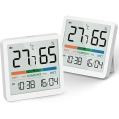NOKLEAD Digitālais termometrs Higrometrs Iekštelpu termometrs Hygro Mini istabas termometrs Temperatūras sensors Mitruma mērītājs ar ērtu displeju ℃/℉ Pārslēdzams, datuma 12/24 stundu pulksteņa kalibrēšana, 2 gab. iepakojums