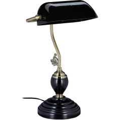 Relaxdays Bankera lampa, nolokāms stikla abažūrs, koka pamatne, E27 ligzda, galda lampa, retro, bibliotēkas lampa, melna, 44 x 26 x 19 cm