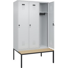 kaiserkraft | Spind Evolo Plus Sitzbank | 3 Abteile | lihtgrau/lichtgrau | B 1200 mm | Sicherheits-Drehriegel | mit untergebauter Sitzbank | Buche