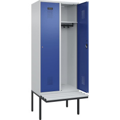 kaiserkraft | Spind Evolo Plus Sitzbank | 2 Abteile | lichtgrau/enzianblau | B 800 mm | Zylinderschloss | mit auskragender Sitzbank | Kunststoff