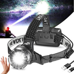 Foleto Headlamp LED uzlādējams palielināms 9000 mAh akumulatora galvas lukturis 3 gaismas režīmi IPX5 ūdensizturīgs 90° regulējams galvas lukturis ar sensoru kempingam, makšķerēšanai, skriešanas lukturis
