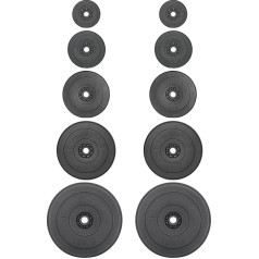 Svara plāksnes Augstas kvalitātes plastmasas cements 30 mm caurums Svara izvēle: 2 x 1,25 kg / 2 x 2,5 kg / 2 x 5 kg / 2 x 10 kg / 2 x 15 kg (2 x 2,5 kg).