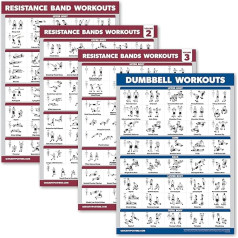 Palace Learning 4 Pack - Resistance Bands treniņu plakāti 1, 2 un 3 sējums + hanteles vingrinājumu diagramma