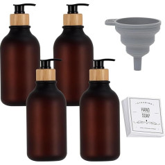 4 plastmasas ziepju dozatoru komplekts, 500 ml tukšas šampūna pudeles, ar uzlīmēm, piltuve, ziepju dozatora pudeles, brūns ziepju dozators, šampūna dozators šķidrajām ziepēm, šampūnam, kondicionierim,
