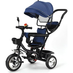 MENGDA 4-in-1 bērnu trīsritenis ar stumšanas stieni, bērnu velosipēdi, mazuļu velosipēds, mazuļu velosipēds ar saules aizsardzību, regulējams vecāku rokturis, regulējams augstums, noņemams stūris (zils)