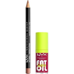 NYX Professional Makeup lūpu komplekts, Fat Oil Lip Drip Shade: Lūpu eļļas eļļa, tonis: Newsfeed + plāns lūpu zīmuliņš, tonis: Lūpuļkrāsa: Natural