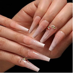 Coffin False Nails Nude Long Fake Nails Crystal Ballerina Akrila Press On Nails Full Cover Stick On Nails 24 gabali sievietēm un meitenēm