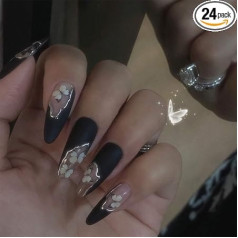 Kaichen Baroque False Nails for Sticking Almond, Black Butterfly Press On Nails Medium, ietilpst 24 naglas, 24 līmlapiņas, 1 manikīra nūjiņa, 1 mini file