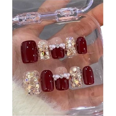 KEMKEY Handgemachte Nägel,Herbst und Winter Weinrot Glitzer Diamanten Nail Art Gefälschte Nagel Patch Weiß Abnehmbar(M)
