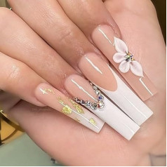 Sethexy Coffin False Nails French Nails Stick On Sparkle Spring Flower False Fingernails Pack of 24 Acrylic Art Press on Nail Tips sievietēm un meitenēm