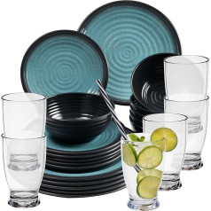 Melamīna trauku komplekts 24 gab Elegants akmensmasas komplekts zilā krāsā ar ūdens glāzi 380 ml caurspīdīgs - 6 personām Ēdamlietas Glāzes Ūdens glāze Tumbleris Viskijs Kempinga trauki Pikniks Ideāls kempings