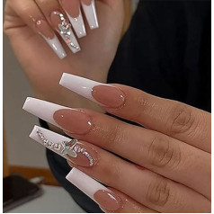 Coffin False Nails French Long Fake Nails Butterfly Press on Nails Ballerina Acrylic Stick on Nails 24gab sievietēm un meitenēm