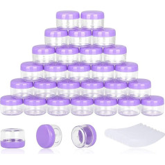 100 gab. 5g paraugu trauciņi, 5ml tukšas burciņas ar vāciņiem Mazie kosmētikas trauciņi Mini paraugu burciņas ar 8 mini špakteļlāpstiņām grimam, eļļām, losjoniem, pulverim, krāsām, rotaslietām, lūpu balzamam (violeta)
