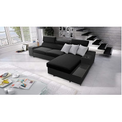 All4All Sante Stūra dīvāns ar miega funkciju 291 x 182 cm - Dīvāns ar gultas kastēm - L-veida dīvāns - Stūra dīvāns - 3 personām - Labajā pusē - Melns - Sawana 14 + EKJ 5 - Modern 26