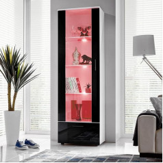 Komodee , Alessandria vitrīna, balta/melna, platums 60 cm x augstums 192 cm x dziļums 42 cm, LED RGB, 3 stikla plaukti, 1 plaukts izgatavots no laminētas plātnes, piemērots viesistabai, guļamistabai