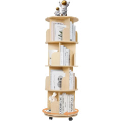 Nisorpa Bērnu rotējošais grāmatu plaukts, 4 līmeņi, 130 cm, koka rotējošais grāmatu plaukts ar ritenīšiem, 360° rotācija, grāmatu plaukts, bērniem, daudzfunkcionāls mācību kabinetam, viesistabai, guļamistabai