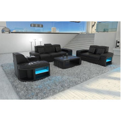 Sofa Dreams Bellagio 3-2-1 ādas dīvānu komplekts ar apgaismojumu, moderns, 3 sēdvietas, 2 sēdvietas un krēsls (ar LED apgaismojumu, melns)