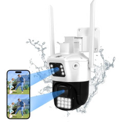 MCJ 8MP divu objektīvu novērošanas kamera ārtelpā WiFi, dubultā skata PTZ WiFi kamera ārtelpā, 360° rotējoša personas noteikšana ar automātisku izsekošanu, krāsu nakts redzamība, divvirzienu audio, sirēna