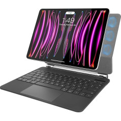Rii iPad Pro 12.9 klaviatūras korpuss (6/5/4/3. paaudzes), Bluetooth tastatūra ar skārienpaliktni, magnētiskais statīvs un 7 krāsu fona apgaismojums, QWERTZ, melns