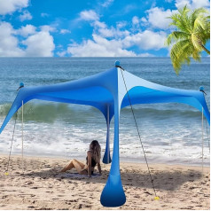 WUDLEP Strandzelt, Pop-Up-Schatten, 3 x 3 m, Strandüberdachung, Sonnenschutz, LSF 50+, mit 4 faltbaren Stangen, tragbare Tragetasche, Sandschaufel, Bodenheringe, Winddichte Seile für Outdoor, Familie