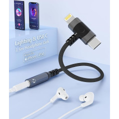 Lightning & USB-C uz 3,5 mm austiņu adapteris, 2 in 1 austiņu adapteris, C tipa austiņu ligzdas adapteris, Aux digitālās audio austiņas Hi-Res DAC, piemērots iPhone 16 15/Samsung Galaxy/Pixel, iepakojumā ir