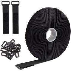 Wiederverwendbare Kabelbinder mit 25 Schnallen, schwarz, 5 m x 2 cm, schwarz, verstellbare Befestigung, Kabelbinder, Klettverschluss für Kabelführung, Kabelführung